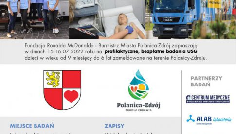 Fundacja Ronalda McDonalda i burmistrz Polanicy-Zdroju zaprasza dzieci na profilaktyczne badania USG NIE nowotworom u dzieci