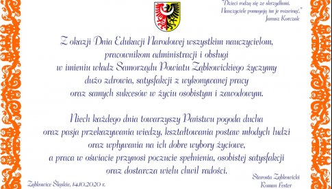 Życzenia Starosty Ząbkowickiego z okazji Dnia Edukacji Narodowej