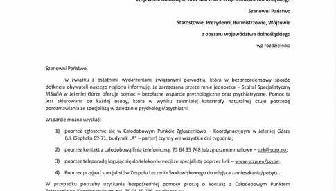 Bezpłatna specjalistyczna pomoc psychologiczna i psychiatryczna dla osób dotkniętych powodzią